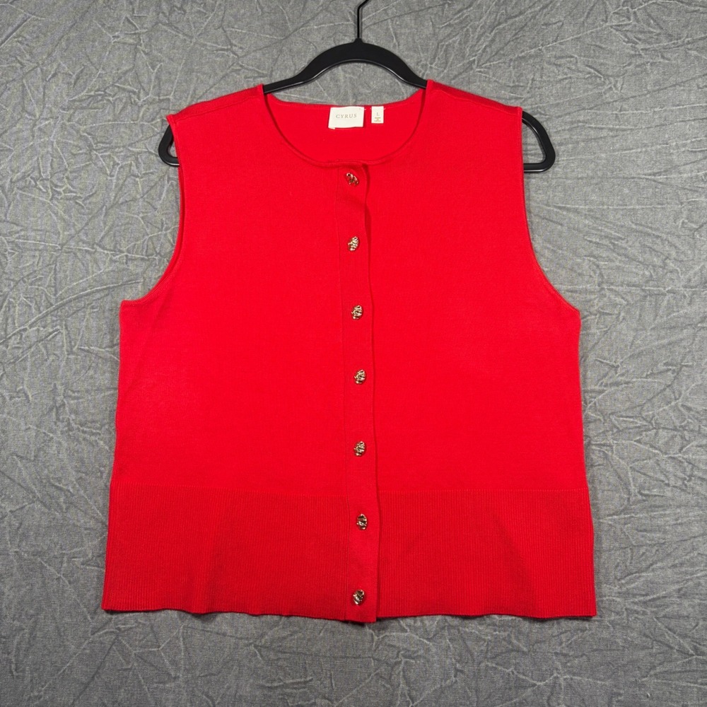 Cyrus Cardigan Women L Red Sleeveless Knit Vest C462544 Gold Button Front